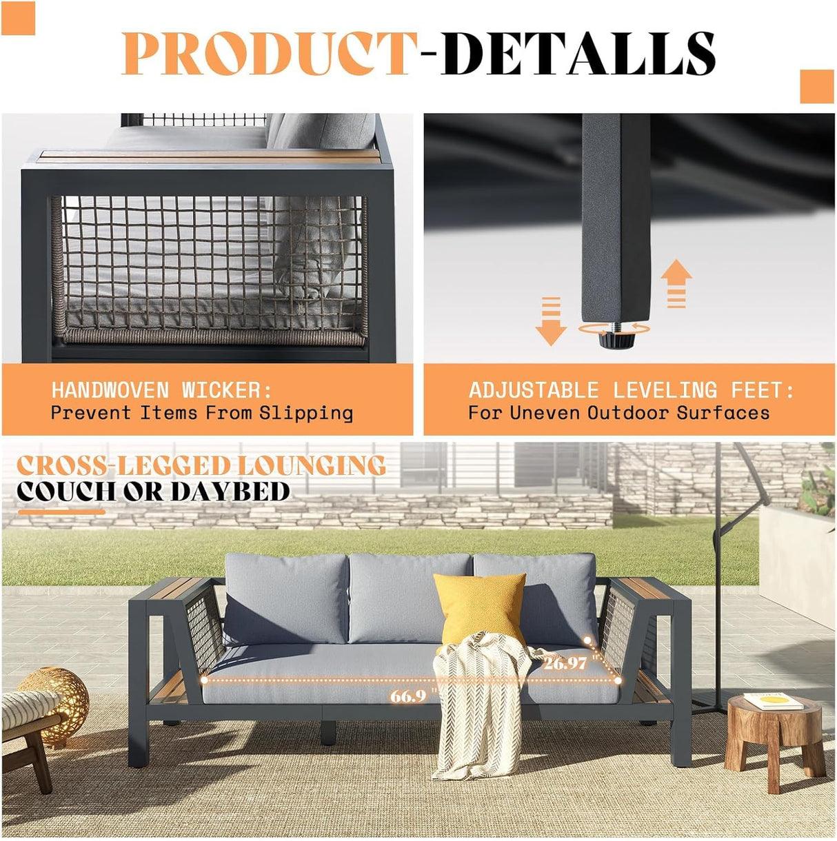 LUXOAK Outdoor Aluminum Patio Sofa, Modern 3-Seater Tool-Free Assembly Couch with Side Table Armrest, Deep Seating with Thick Cushions, Weatherproof Backyard Furniture for Porch, Balcony, Deck LUXOAK