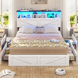 VIAGDO Farmhouse Bed Frame Queen Size with Bookcase Storage Headboard, Charging Station and LED Lights, Wooden Queen Bed Frame with 4 Drawers, Barn Door Design, No Box Spring Needed, No Noise, White VIAGDO