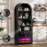 2-in-1 Arched Cabinet with Electric Fireplace–Black Bookcase, Open Book Shelf for Living Room, 71” Tall Wooden Display Cabinet, Kitchen Pantry, Adjustable Shelves, 23'' ETL-Certified Fireplace Insert BREEZEHEAT