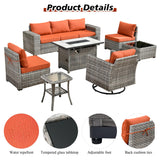 HOOOWOOO 9 Piece Modular Patio Outdoor Sectional Furniture Set with Gas Propane Fire Pit Table,Wicker Conversation Sofa Set with Swivel Chairs,Outside Couch Set(Orange Red) HOOOWOOO