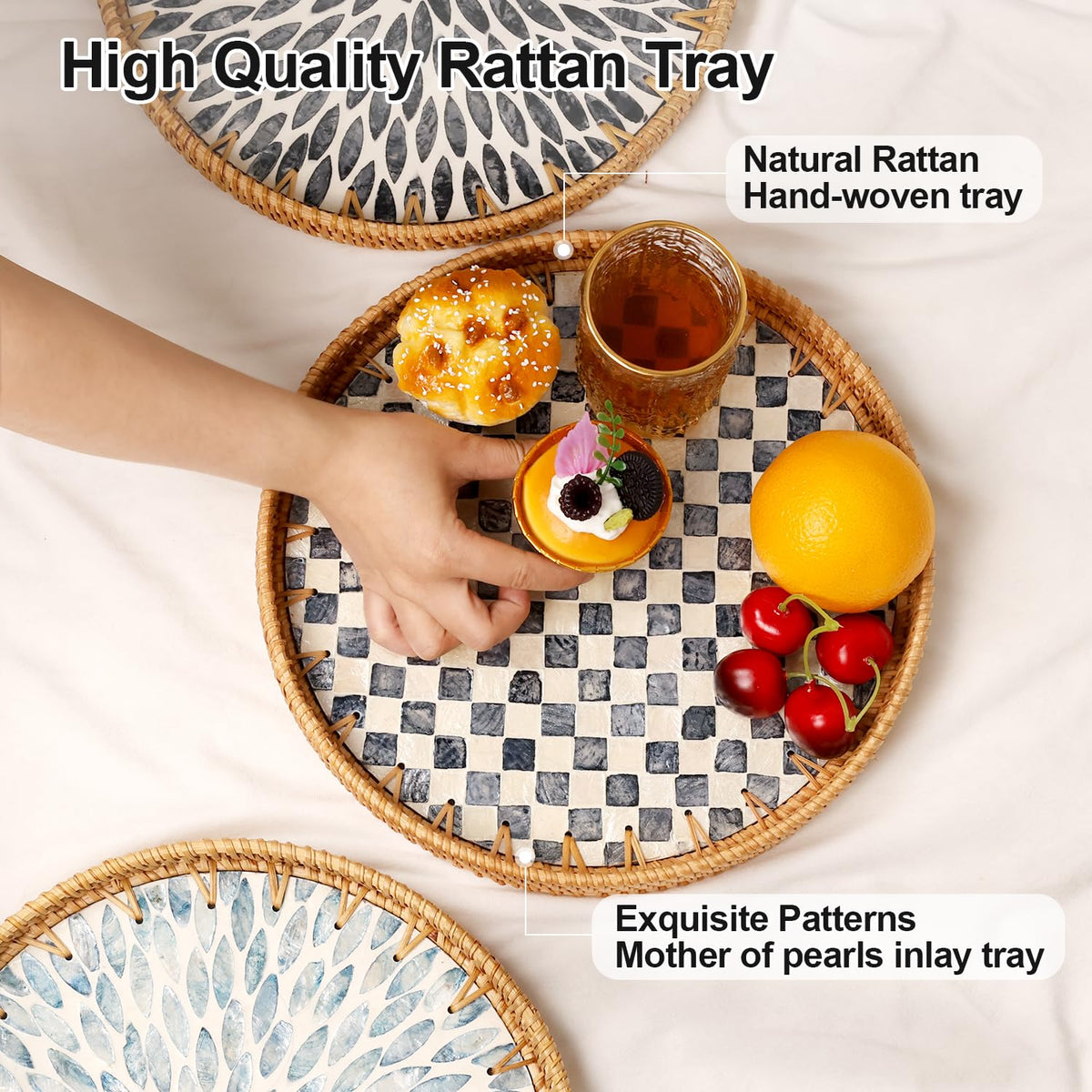 Tynulox Round Rattan Tray with Mother of Pearl Inlay, Rattan Serving Tray for Coffee, Bread, Fruits, Decorative Wicker Tray for Table Decor, Home Decor, Kitchen Island Decor(Round Checkerboard, 11.8") Tynulox