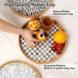 Tynulox Round Rattan Tray with Mother of Pearl Inlay, Rattan Serving Tray for Coffee, Bread, Fruits, Decorative Wicker Tray for Table Decor, Home Decor, Kitchen Island Decor(Round Checkerboard, 11.8") Tynulox