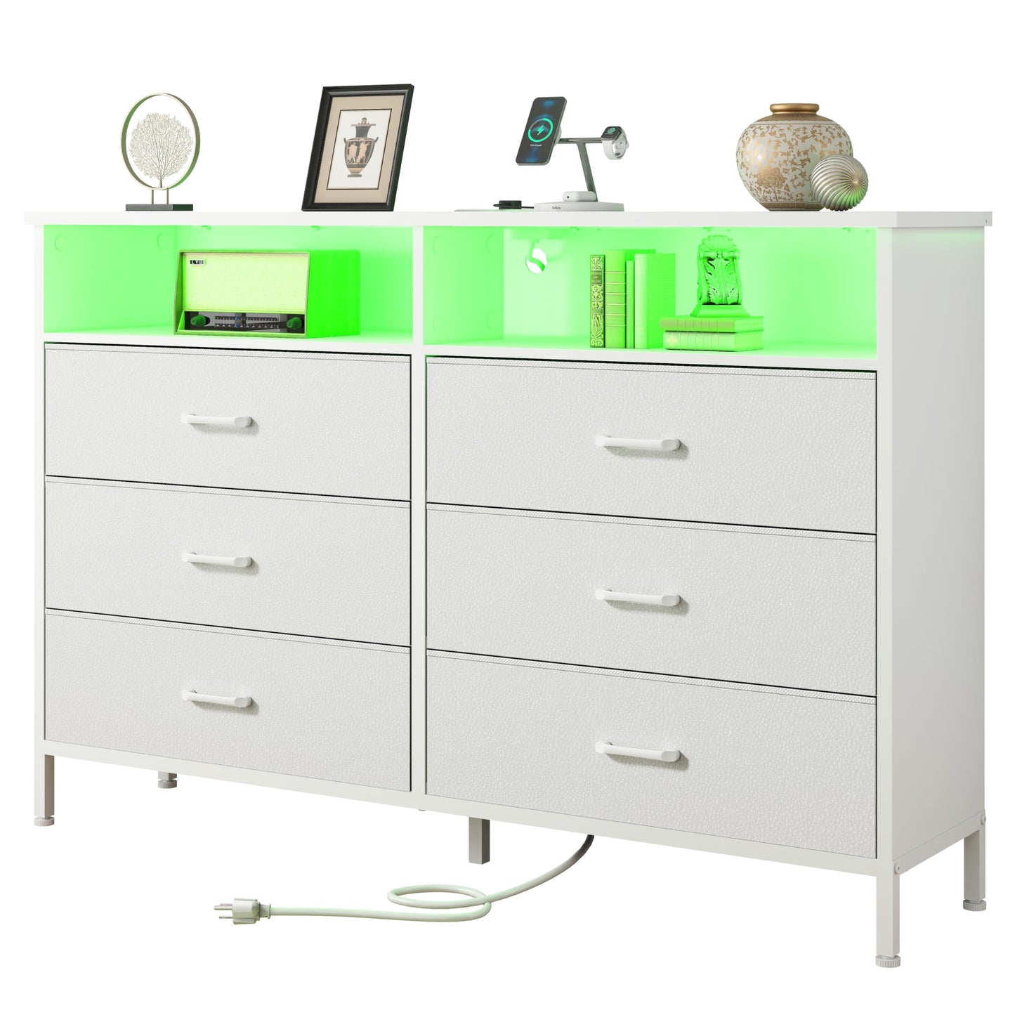 Dresser for bedroom, Fabric White Bedroom Dresser with LED Lights and Charging Station, 6 Long Drawers Dresser, Tall Wide Chest of Drawers Storage Organizer TV Stand for up to 60" TV for Living Room