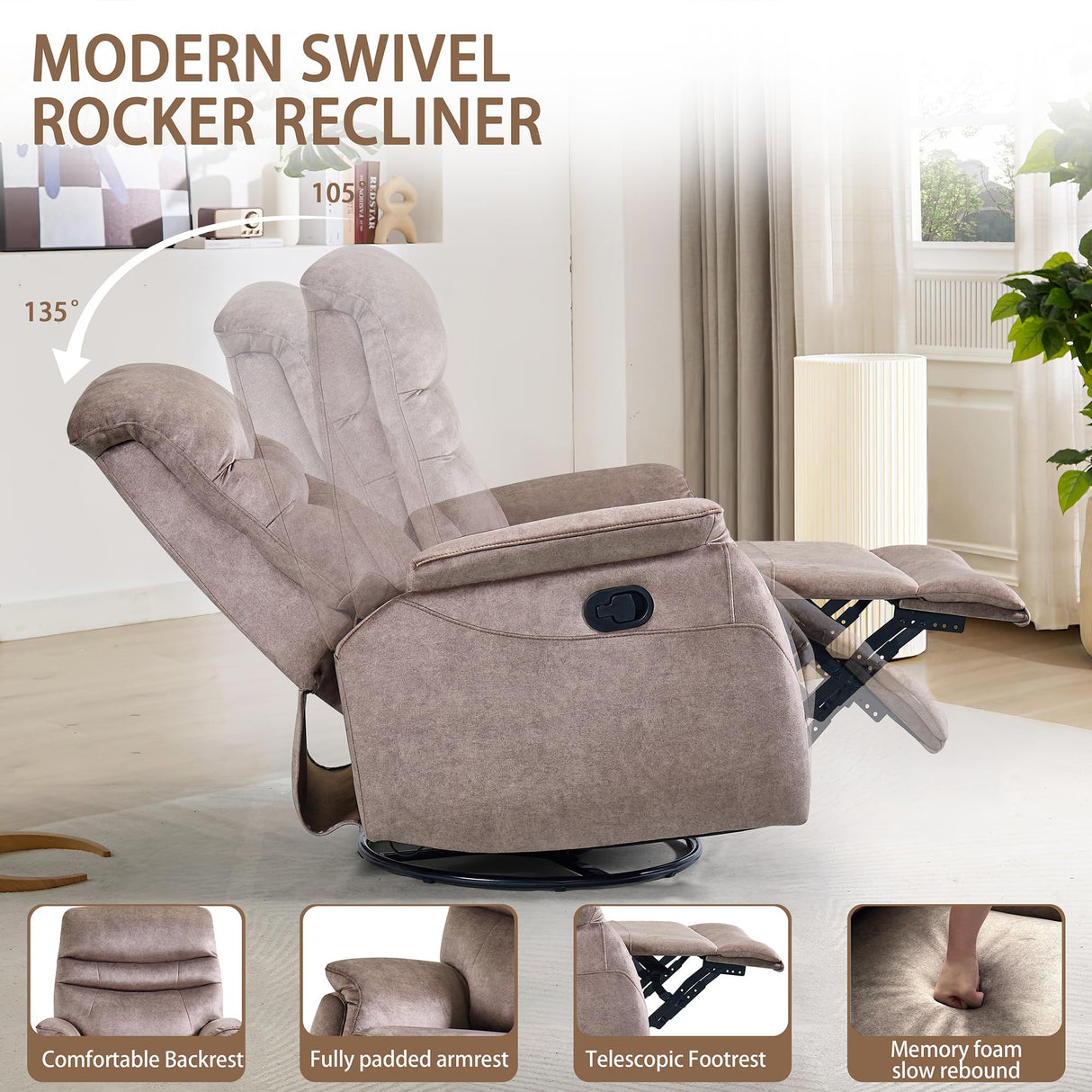 Rocking Swivel Recliner Chair for Power Lift Recliner Chair for Elderly, 360 Degree Swivel, Adjustable Modern Reclining Chairs, Classic and Traditional Recliner Sofa with Lumbar Support (Grey) ALYIAMXL