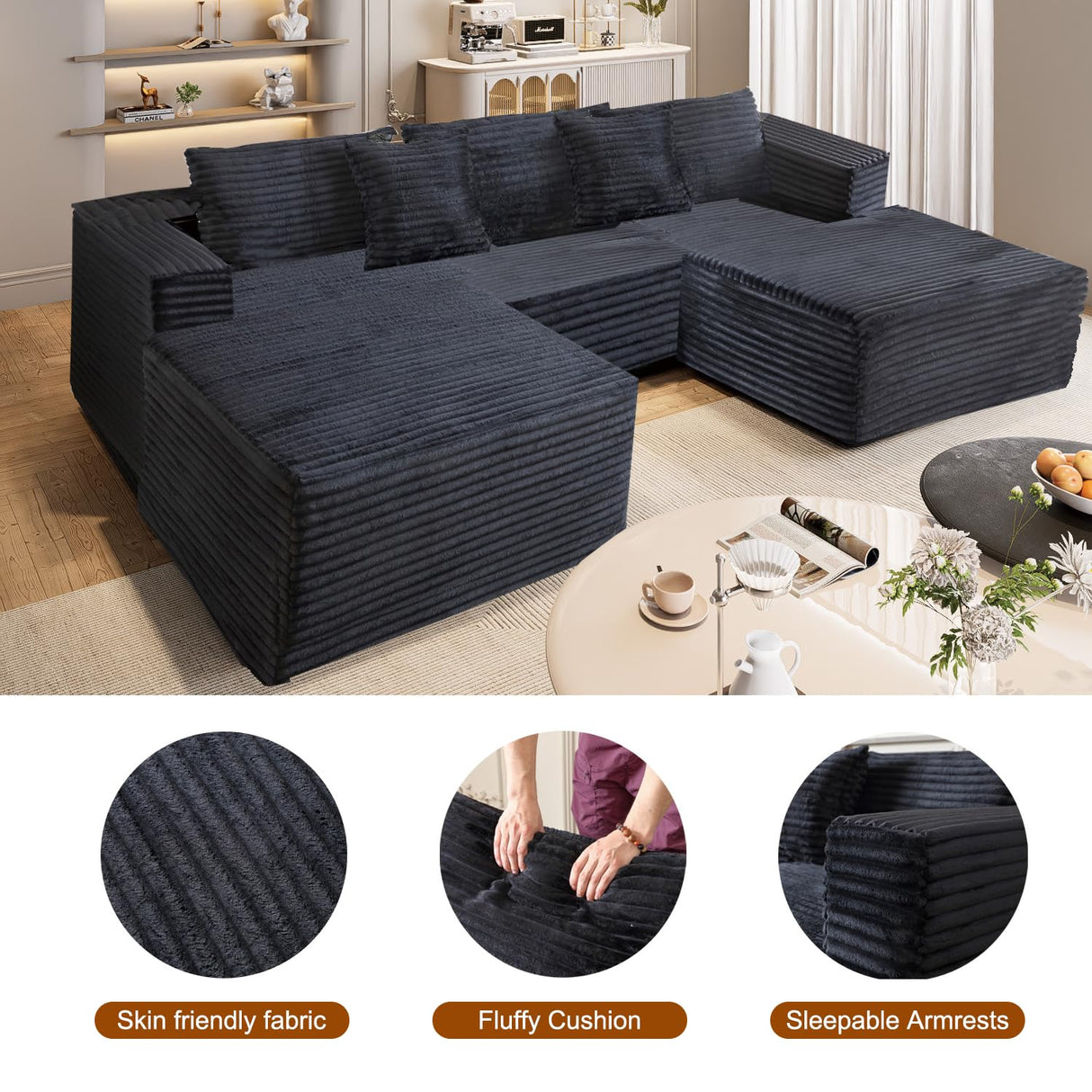 NNSNG 110" U Shaped Boneless Couches for Living Room with 2 Movable Ottomans,5 Seats Modular Cloud Sectional Couch Sofa(Black) NNSNG