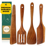 Wooden Spatula for Cooking, Premium Teak Wood Spatula, NonStick Kitchen Utensils Set of 4 Contain Paddle, Turner Spatula, Slotted Spatula and Wood Scraper AIUHI
