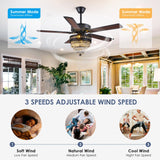 Crystal Ceiling Fan Fandelier with Lights - Modern Outdoor Fans with Remote Control，Noiseless AC Motor, Retro/Farmhouse Lighting, Dining Room， Living Room (52" Asyko