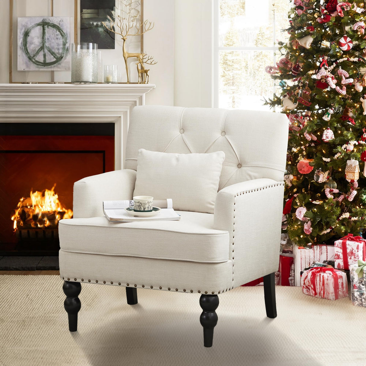 HUIMO Tufted Club Chair Set of 2,Accent Chair with Lumbar Pillow, Upholstered Button Armchair, Fabric Sofa Chairs for Bedroom, Living Room, Mid Century Modern with Studded Reading Chair(2,Beige) HUIMO