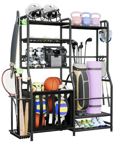 Faesun Garage Sports Equipment Organizer, Golf Bag Storage Rack, Heavy Duty Ball Holder with Basket & Hooks, Indoor/Outdoor Basketball Storage Bins for Toy Sports Gear Storage