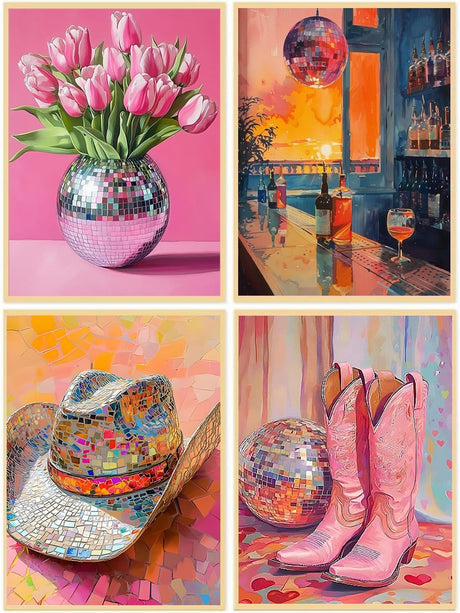 4 Packs Disco Ball Diamond Art Kits for Adults, Diamond Painting Kits for Adults for Beginners, DIY Diamond Dots Art Kits, 5D Full Round Drill Gem Art Painting Kits for Home Wall Decor, 12x16in GUMITOON