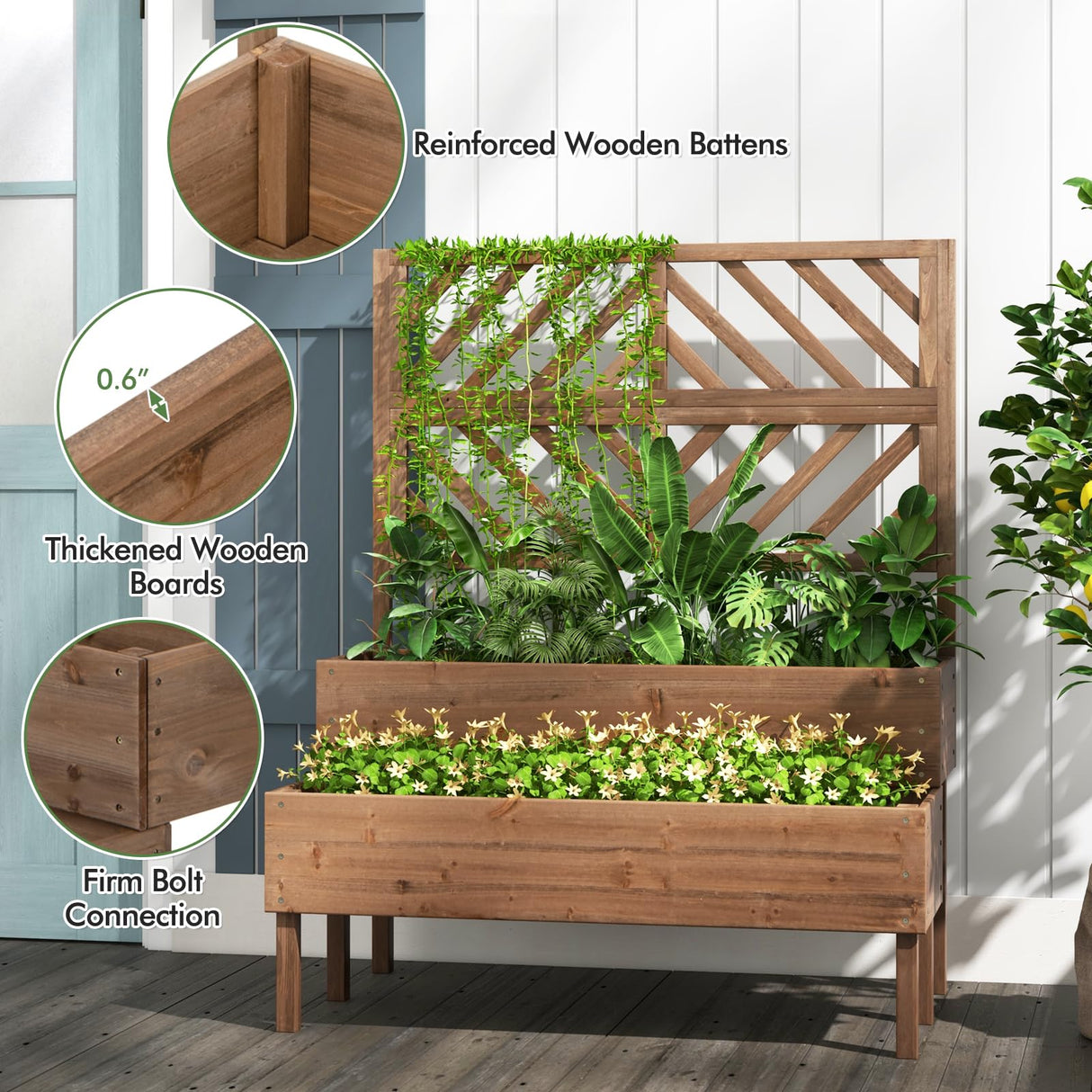 Toolsempire Raised Garden Bed with Trellis & 2 Planter Boxes, 2-Tier Outdoor Wooden Elevated Planter Box with Legs & Drainage Holes, Gardening Planter for Flowers, Herbs, Vegetables & Fruits(Brown) Toolsempire