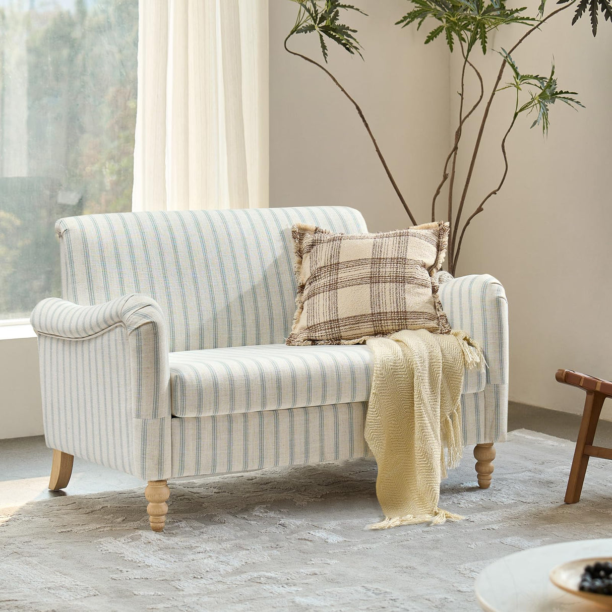 EcoHarbor Living 50.5" Mid-Century Modern Couch, Upholstered Sofa with Armrests, Stripe Mini Loveseat Couches for Small Space, Living Room, Bedroom, Office, Apartment, Blue EcoHarbor Living