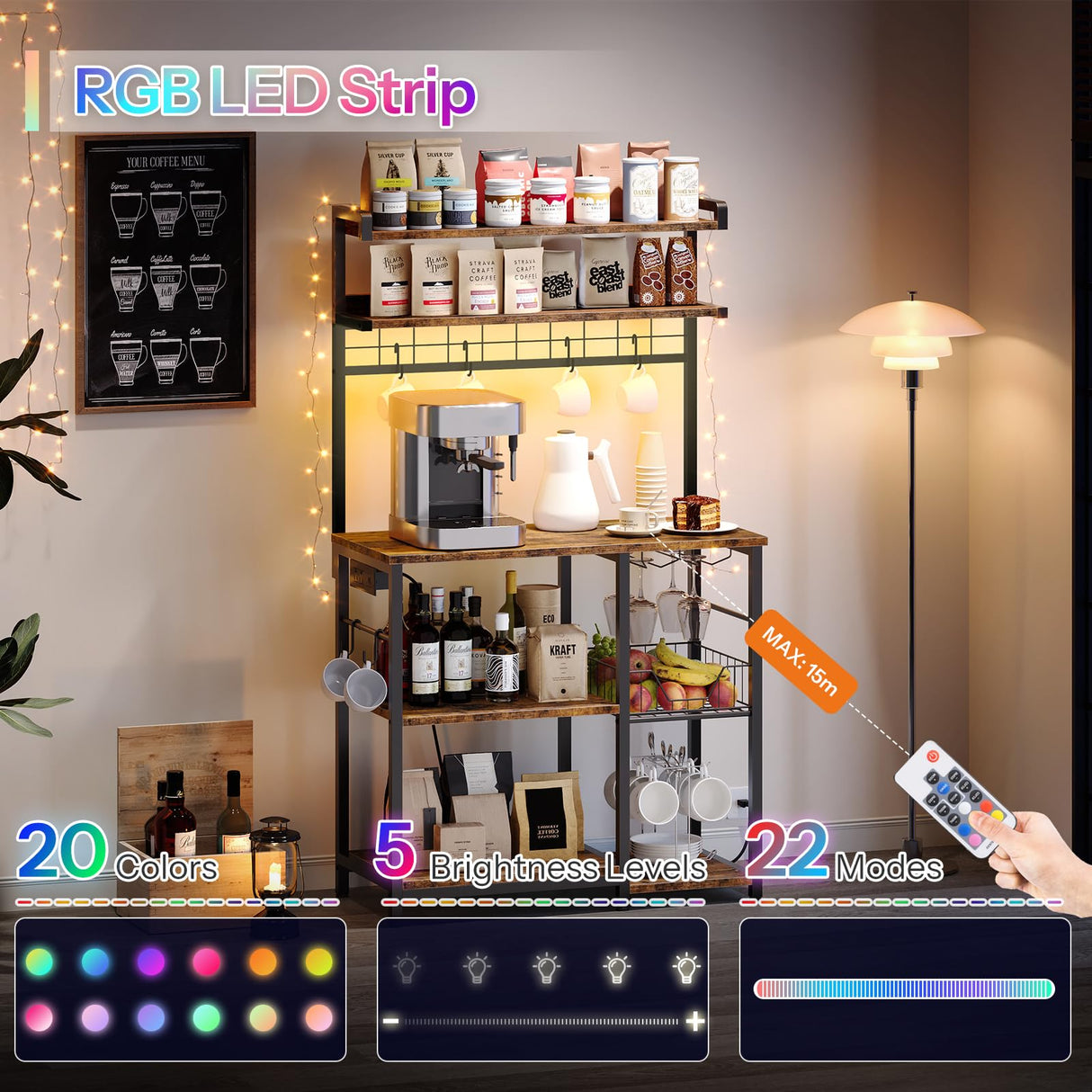 HOOBRO Bakers Rack with Power Outlet, 5 Tiers Coffee Bar with LED Light, Microwave Stand with Wire Basket & Wine Holders, Kitchen Storage Shelf with 6 S-Shaped Hooks, Rustic Brown and Black BF21UDHB01 HOOBRO