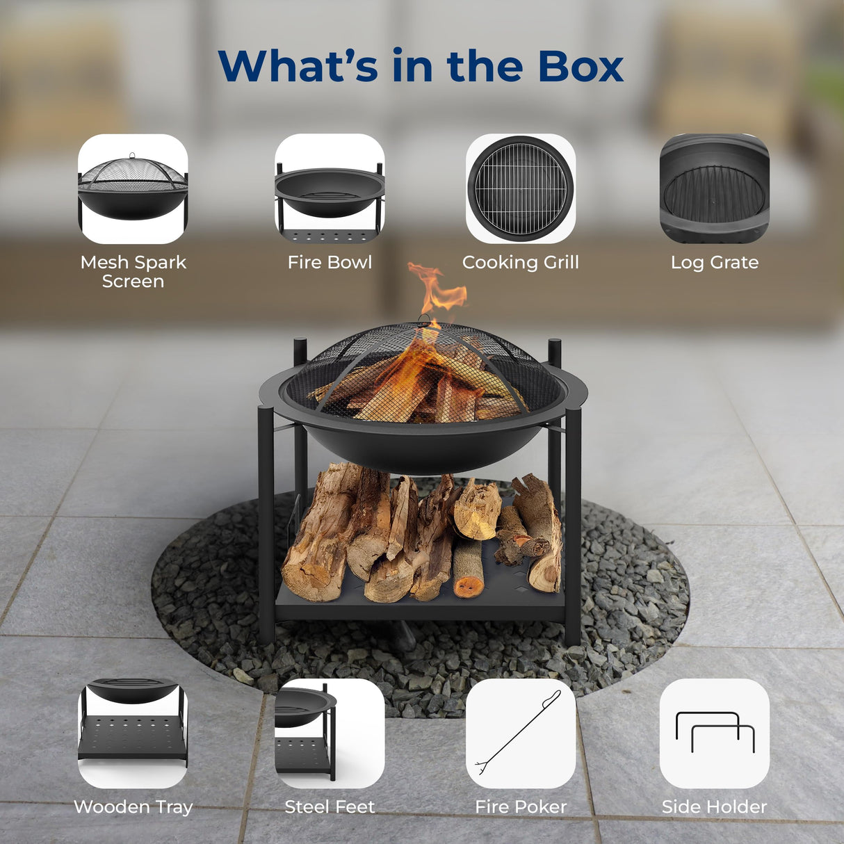 SereneLife 26" Outdoor Fire Pit with BBQ Grill, Mesh Screen, and Wood Storage – Heavy-Duty Steel Frame, Heat-Resistant – Ideal for Bonfires, Camping, and Outdoor Cooking SereneLife