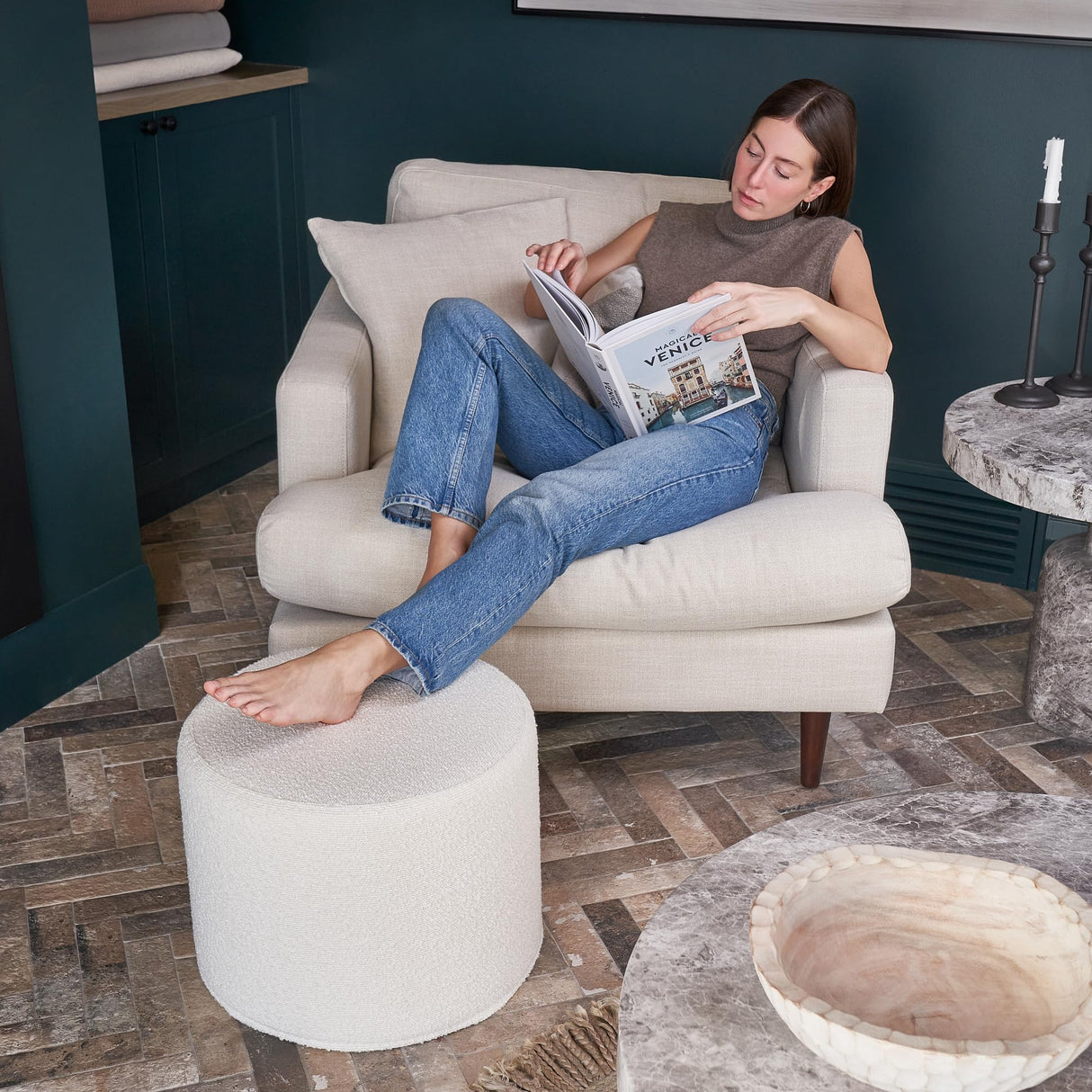 ZICOTO Beautiful Boucle Pouf Ottoman and Foot Rest - Elevate Your Living Room Decor with Lightweight Comfort and Charm - A Round Modern Foam Filled Foot Stool Perfect to Rest Your Feet ZICOTO