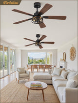 2 Pack 42 Inch Rustic Caged Ceiling Fan with Lights, Black Farmhouse Ceiling Fans for Bedroom Living Room, Double-Sided 5 Blades Rustic Ceiling Fan Fanbulous