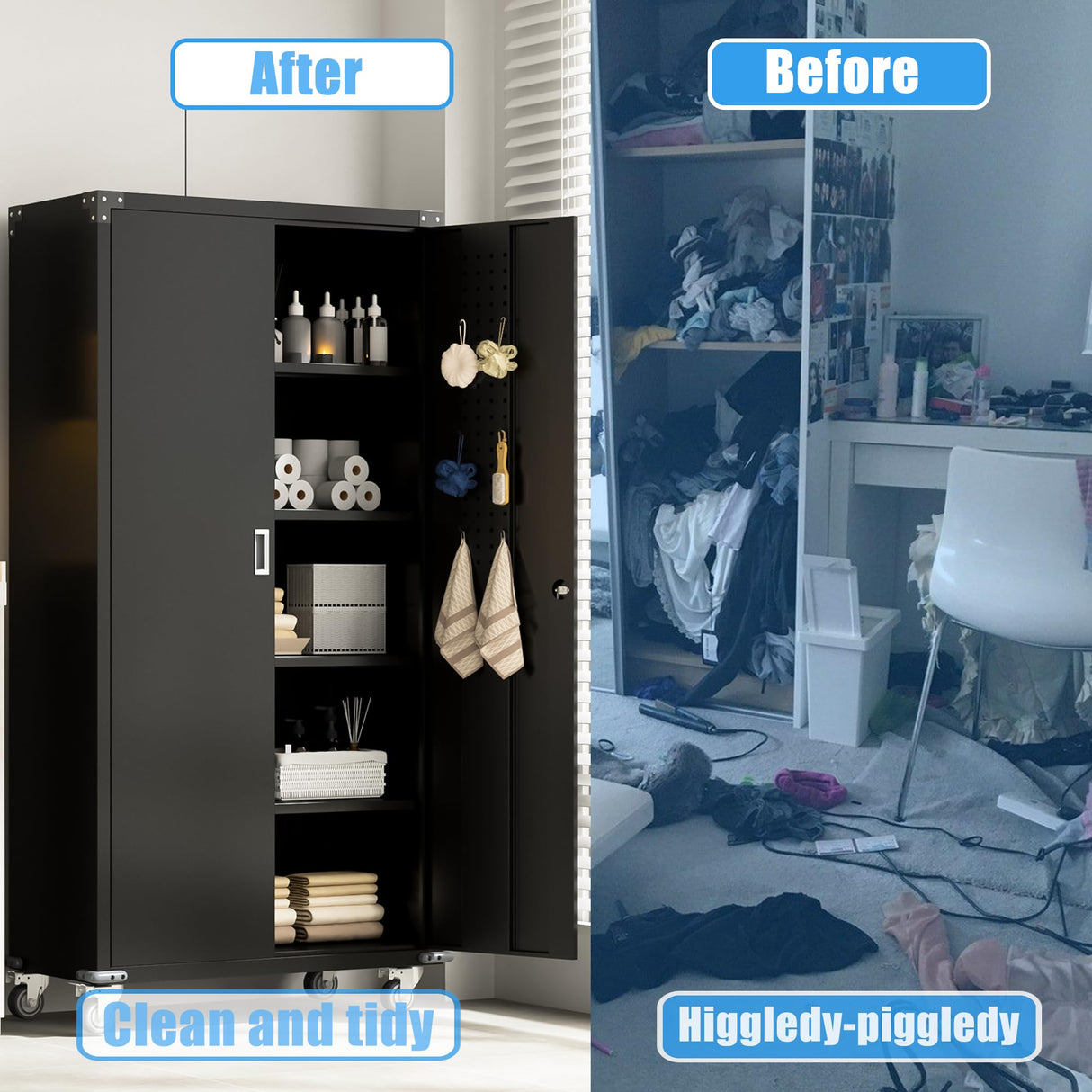 Waqiv 71''H Lockable Metal Garage Storage Cabinet on Wheels, Rolling Metal Storage Cabinet with 4 Adjustable Shelves, Rolling Tool Cabinet for Garage, Basement, Warehouse, Assembly Required Waqiv