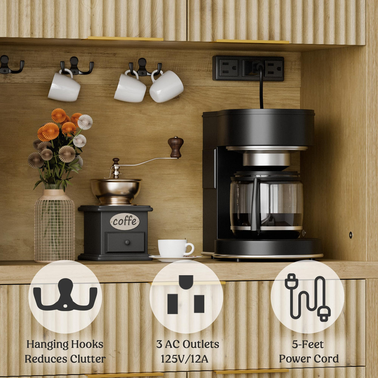 Lulive 71" Fluted Pantry Cabinet with Charging Station & Adjustable Shelves, Spacious Kitchen Storage Cabinet with Open Countertop & Drawer for Dining Room, Living Room, Natrual Lulive