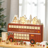 HOMCOM Christmas Advent Calendar, Light Up Table Xmas Wooden Bus Holiday Decoration with Countdown Drawer, Santa Claus Street House, for Kids and Adults HOMCOM