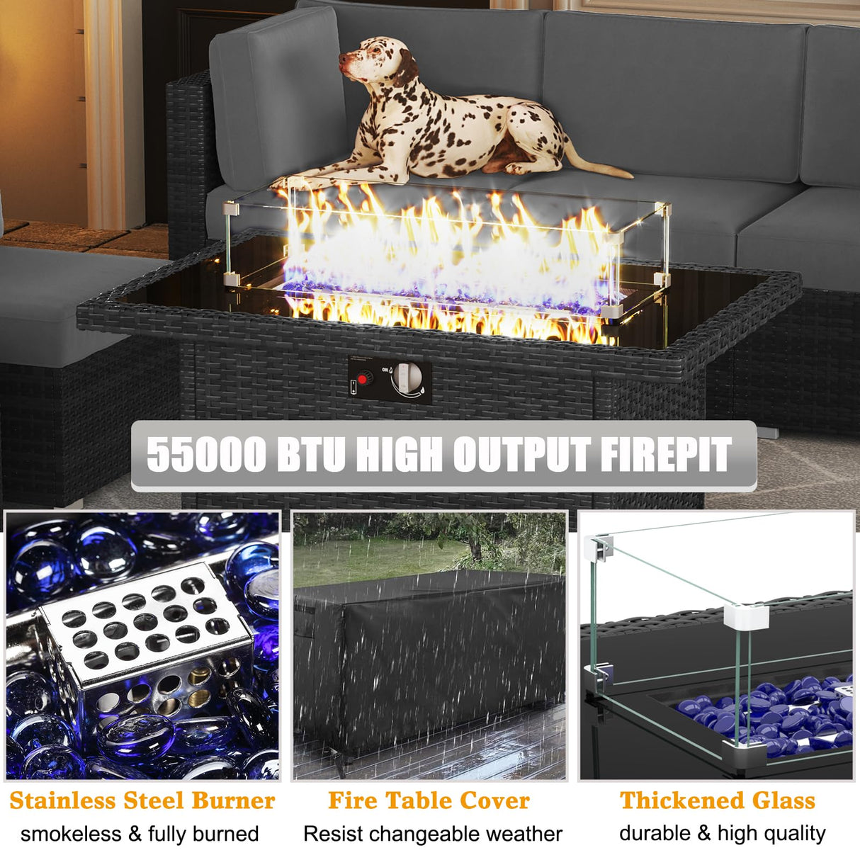 LayinSun 7 Pieces Outdoor Patio Furniture Set with 44" Fire Pit Table Rattan Sectional Sofa Conversation Sets LayinSun