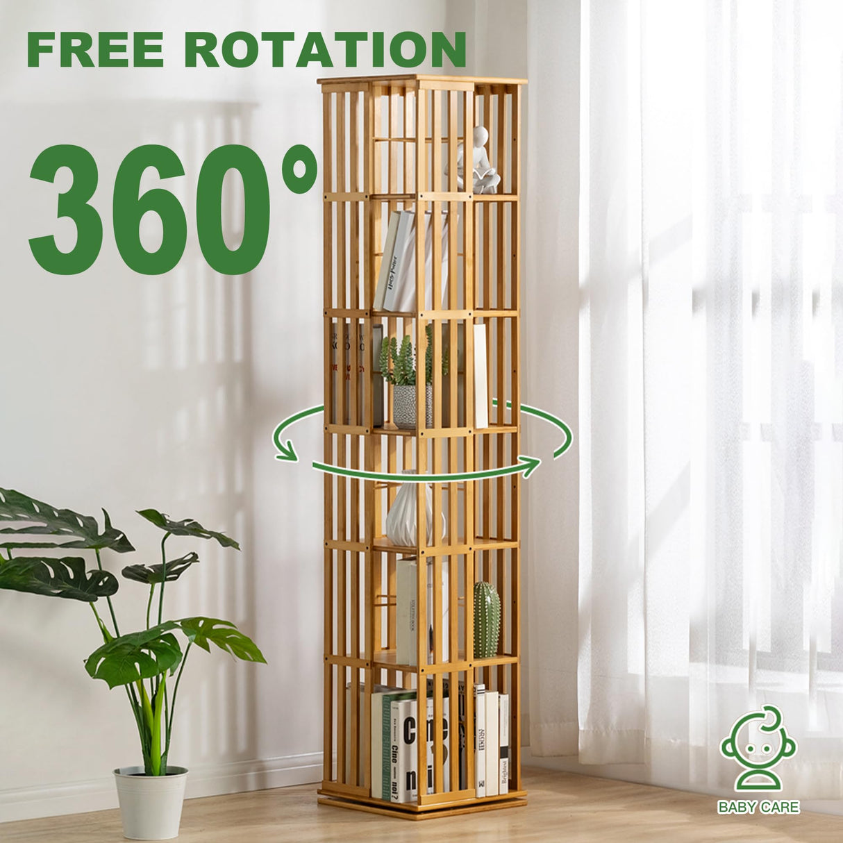 YOWOS 360° Rotating Walnut Bookshelf Tower - 6 Tier Bamboo Storage Rack for Kids & Adults YOWOS
