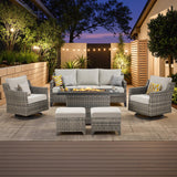 AMCLOBA Patio Furniture Set with 42.5" Fire Pit Table-6 Pieces All Weather Wicker Outdoor Furniture with High Back Swivel Patio Chairs Set of 2 Outdoor Couch for Deck Balcony Backyard Beige/Gray AMCLOBA