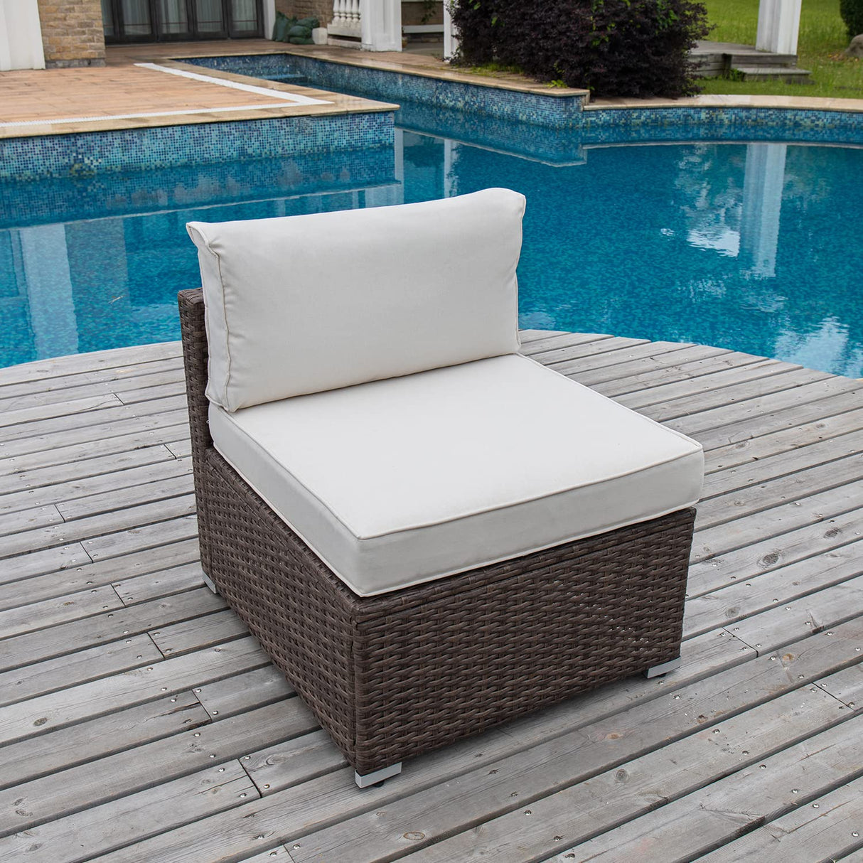 COSIEST Outdoor Furniture Add-on Armless Chair for Expanding Wicker Sectional Sofa Set w Off White Thick Cushions for Garden, Pool, Backyard COSIEST
