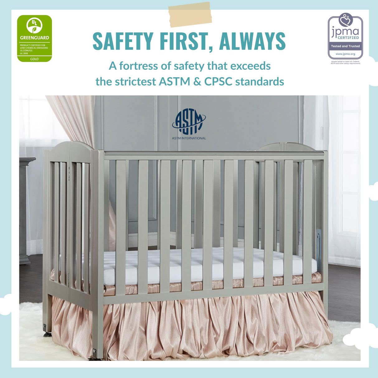 Dream On Me 2 in 1 Folding Portable Crib in Cool Grey, Greenguard Gold Certified , 40x26x38 Inch (Pack of 1) Dream On Me