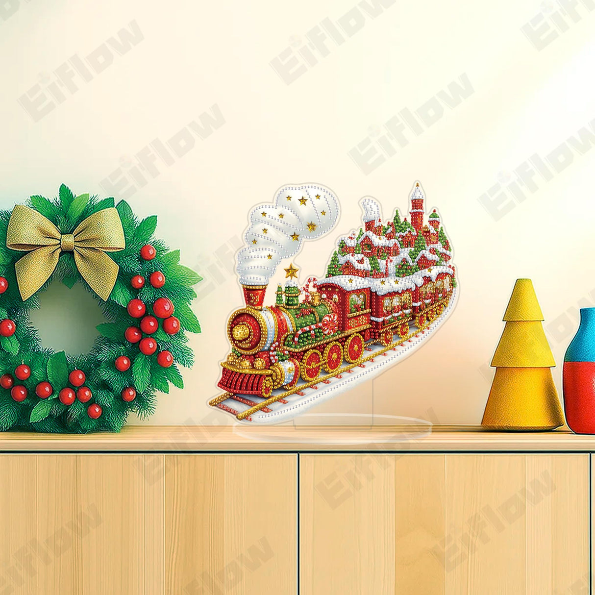 Eiflow Desktop Diamond Art Kit for Adults Christmas, DIY Tabletop Diamond Art Painting with Stand, Acrylic Stand Up Gem Painting Board Kits(Christmas Train) Eiflow