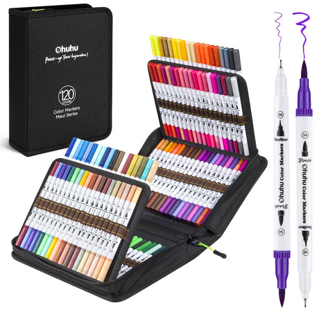 Ohuhu Markers for Adult Coloring Books: 120 Colors Coloring Markers Dual Tips Fine & Brush Drawing Pens Water-Based Art Markers for Kids Adults Sketch Bullet Journal with Carrying Case - Maui - White Ohuhu