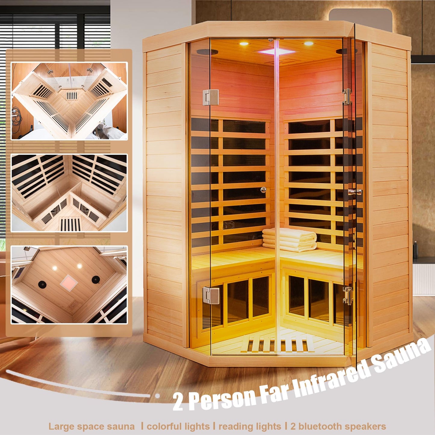 2 Person Far Infrared Sauna Low EMF 7 Heating Panel 1520W Indoor Sauna Canadian Hemlock Wood Sauna for Home with Control Panel Bluetooth Speakers Chromotherapy Lights Reading Lamp Tempered Glass Door