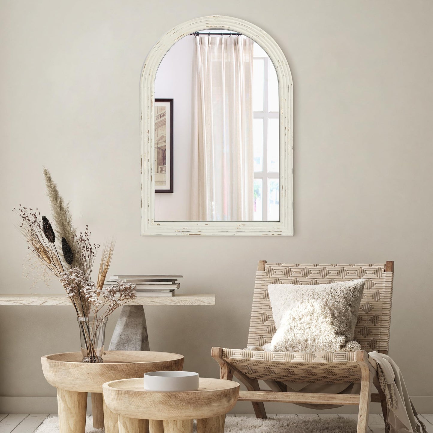 eodme Farmhouse Arched Wall Mirror, White Distressed Wood Mirror, Decorative Mirror for Bathroom Living Room Bedroom Entryway, 20''×30'' - WoodArtSupply