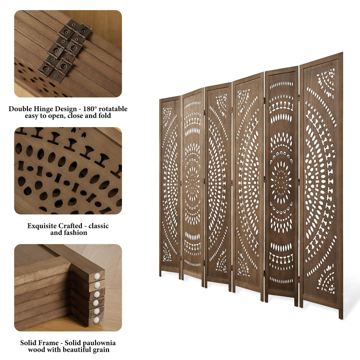 Svimi Room Divider Wood Carved Wall Divider Indoor Folding Bohemian Style Portable Partition Screen for Home Office Garden Terrace - 6 Panels (Brown) Svimi