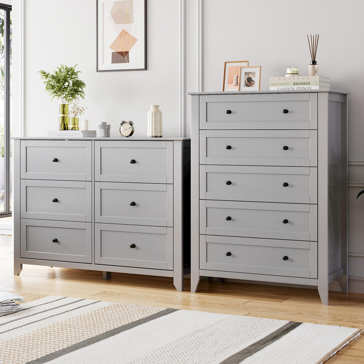 GarveeHome 5 Chest of Drawer Dresser, Modern and Stylish Dresser, Deep Drawers and Nickel Round Handle, Wood Storage Organizer with Ample Storage Space for Bedroom, Living Room, Entryway, Grey GarveeHome