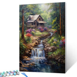 Tucocoo Forest Waterfall Paint by Numbers Kits 16x20 inch Canvas DIY Oil Painting for Adults with Brushes and Acrylic Pigment-Rustic Wood Cabin Trees Landscape Picture for Home Decor (Without Frame) Tucocoo