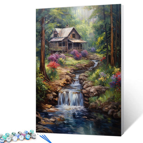 Tucocoo Forest Waterfall Paint by Numbers Kits 16x20 inch Canvas DIY Oil Painting for Adults with Brushes and Acrylic Pigment-Rustic Wood Cabin Trees Landscape Picture for Home Decor (Without Frame) Tucocoo