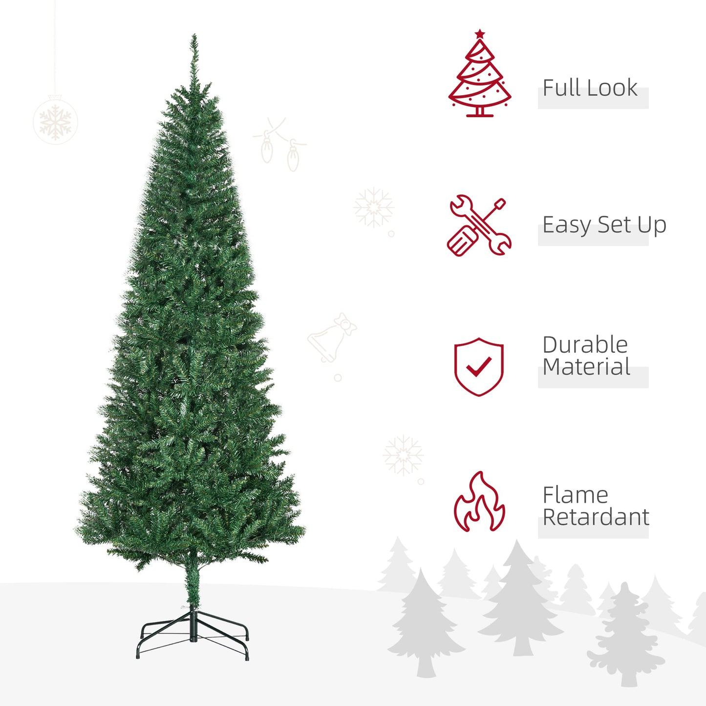 HOMCOM 7' Tall Unlit Slim Fir Artificial Christmas Tree with Realistic Branches, and 865 Tips, Green