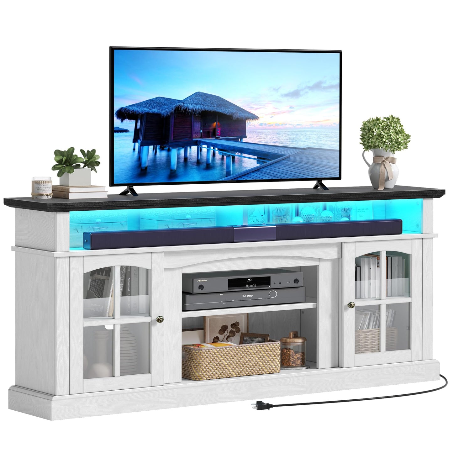 YITAHOME LED Farmhouse TV Stand for TV up to 75 Inch w/Outlets, Highboy Media Entertainment Center Console Table Adjustable Storage Shelves &Cabinet Glass Door for 360lbs for Living Room, White