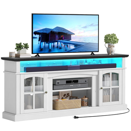 YITAHOME LED Farmhouse TV Stand for TV up to 75 Inch w/Outlets, Highboy Media Entertainment Center Console Table Adjustable Storage Shelves &Cabinet Glass Door for 360lbs for Living Room, White