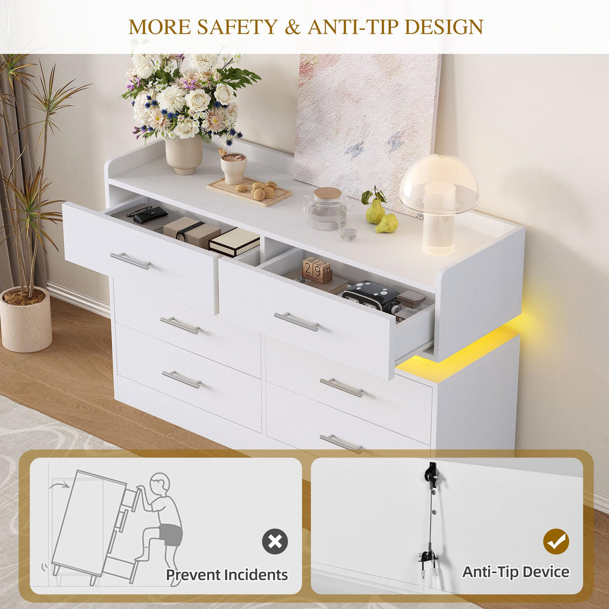 DWVO 6 Drawer Dresser with LED Light, Modern Dresser Chest of Drawers for Closet, Wide Drawer Organizer Cabinet with Top Storage Shelf, White DWVO