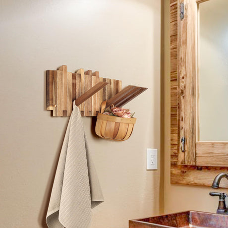 KYIAANY Wall Coat Rack for Entryway: Rustic Wooden Folding 8 Hooks Mount 16.5inch Decorative Piano Hanger for Farmhouse Hallway Bathroom for Towel Backpack Jacket (Staggered Style) KYIAANY
