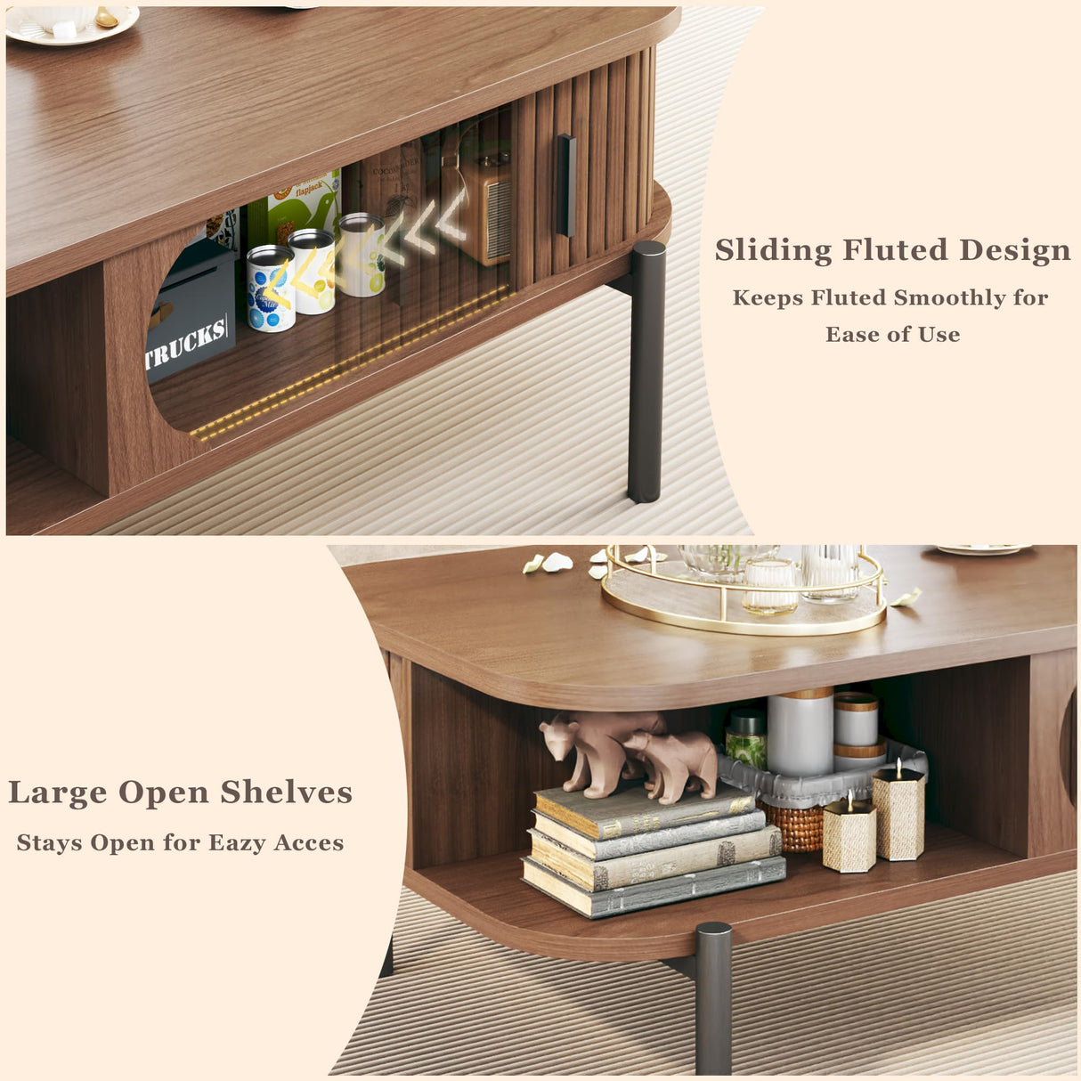 Coffee Table, 39.4" Mid Century Modern Coffee Tables for Living Room, Coffee Table with Storage Open Shelf, Fluted Table with Sliding Cabinet Door, 2-Tier Rustic Wood Desktop, Walnut HUAHUU