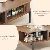 Coffee Table, 39.4" Mid Century Modern Coffee Tables for Living Room, Coffee Table with Storage Open Shelf, Fluted Table with Sliding Cabinet Door, 2-Tier Rustic Wood Desktop, Walnut HUAHUU
