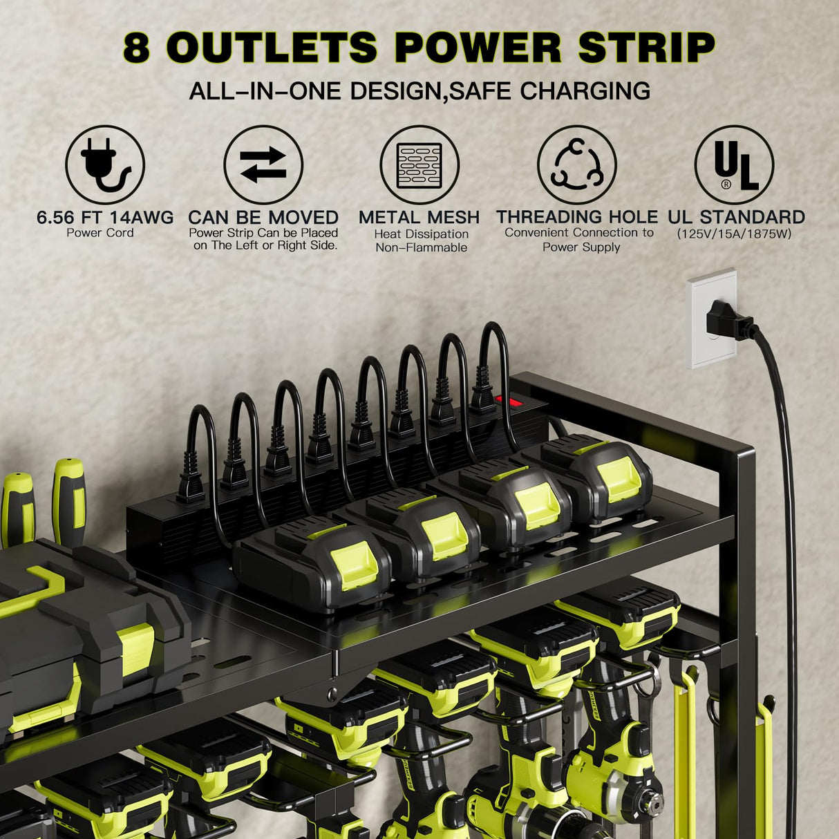 NattyDot Large Power Tool Organizer Cart with Charging Station 8 Drill Holder Garage Storage Standing Heavy Duty and Stability Storage Rack Utility Tool Shelf (Black) NattyDot