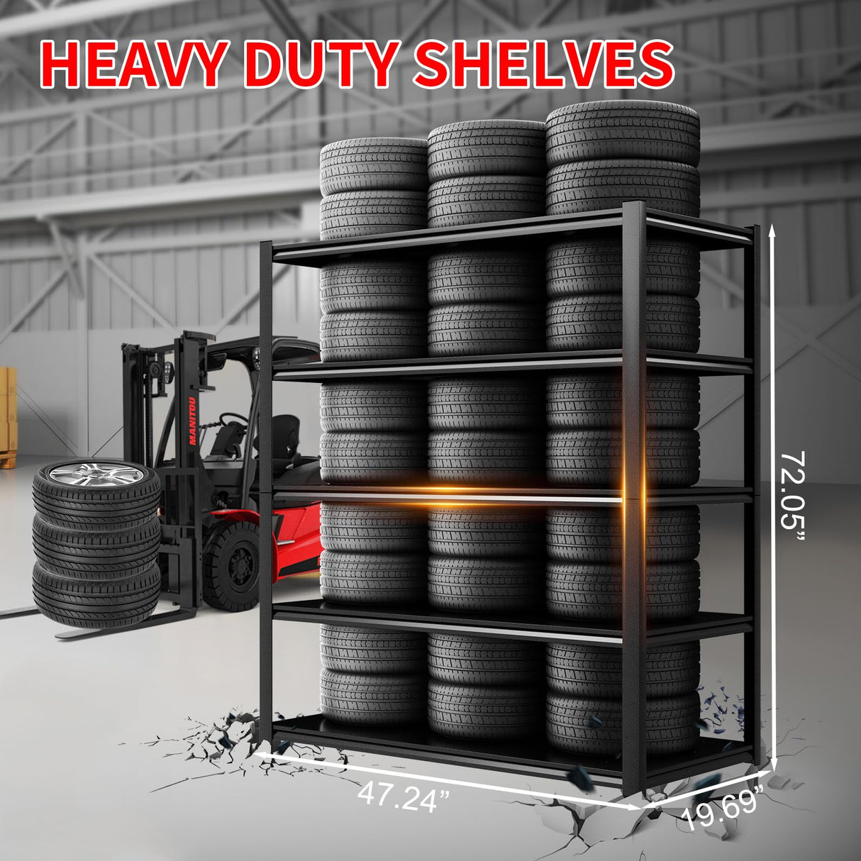 FOGQUEEN 2800LBS Heavy Duty Garage Shelving, 47.2"W Adjustable Garage Storage Shelves, 5 Tier Industrial Utility Shelf Storage Racks, Metal Shlefs for Storage Shelving Units, 47.25"W x 19.7"D x 72"H FogQueen