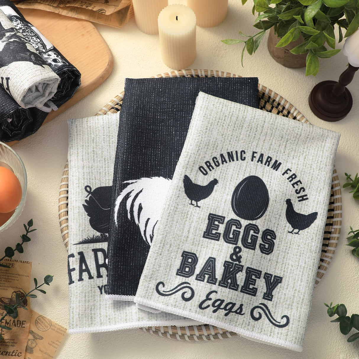 Redbaker 6 Pcs Farm Animal Kitchen Towels Farmhouse Funny Dish Towel Rustic Hand Towels Rooster Cow Pig Decorative Tea Dishcloth Absorbent with Hanging Loop for Kitchen Bathroom Housewarming Gift Redbaker