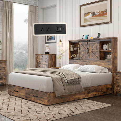 HOWE Rustic Brown King Size Wooden Platform Bed Frame with Bookcase Headboard and Storage Drawers HOWE
