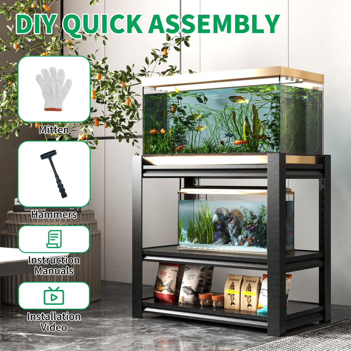 OPTYMIRA Fish Tank Stand,3-tier Rack Shelf Heavy Duty Metal Frame Aquarium Stand 20 Gallon,Reptile Terrarium Stand for 30 Gallon Long Aquarium,Reptile Tank Stand,Breeder Tank Stand,31.5"*18"*34" OPTYMIRA