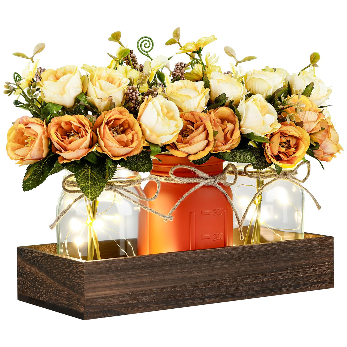 Mason Jar Lights Centerpiece Table Decorations Fall Decor for Home – 3 Jar Flowers with String Lights and Wooden Tray for Dining Room, Farmhouse Autumn Wedding, Kitchen, Living Room, Bathroom VAIPI