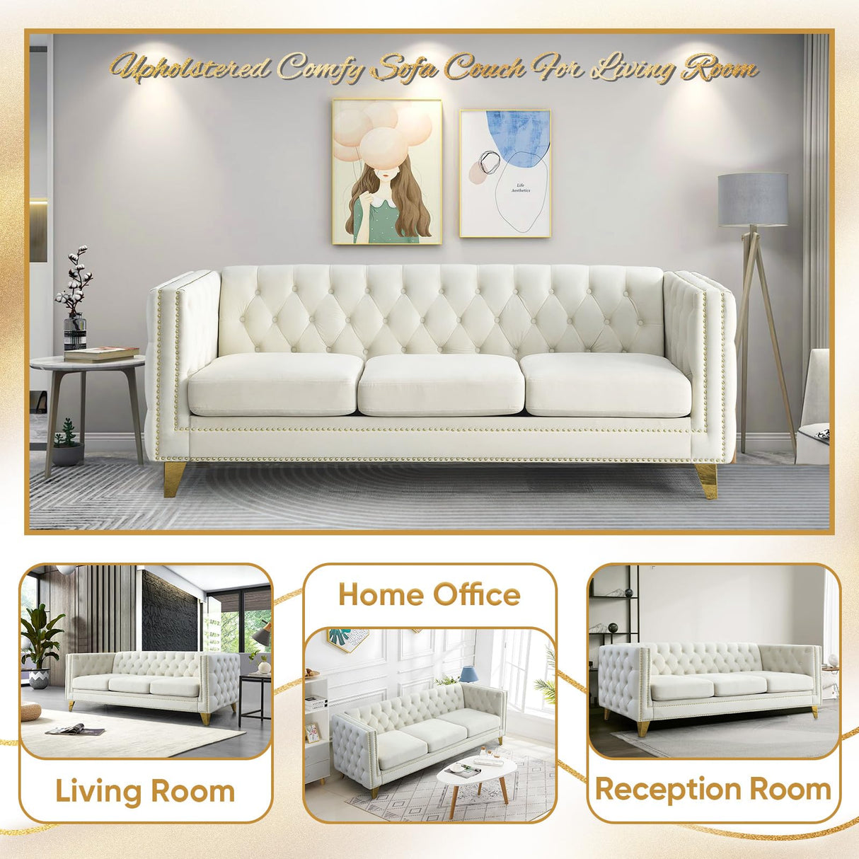 80.5-Inch Velvet 3 Seater Sofa Couch, Comfy Couches for Living Room, Modern Sofa with Tufted Back and Rivet Decoration, Upholstered Long Couch with Solid Golden Metal Tapered Legs, Beige KINFFICT